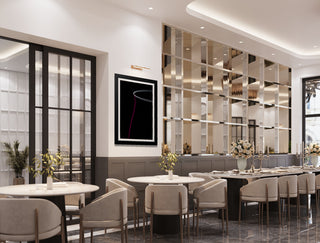 Modern restaurant interior with tables, chairs, and decorative elements.
